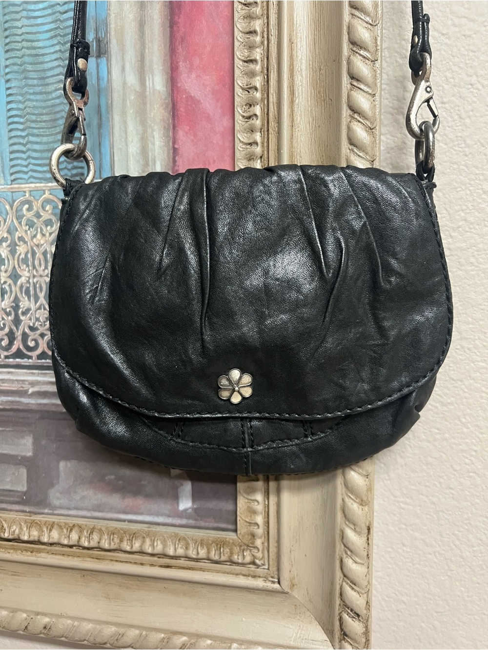 Lucky Brand Black Leather Small Crossbody with Floral Stud